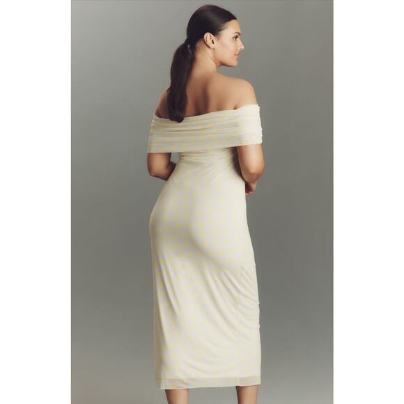AFRM NWT Zamora Off Shoulder Mesh Midi Dress in Sun Dot Yellow Size XL - Picture 2 of 10